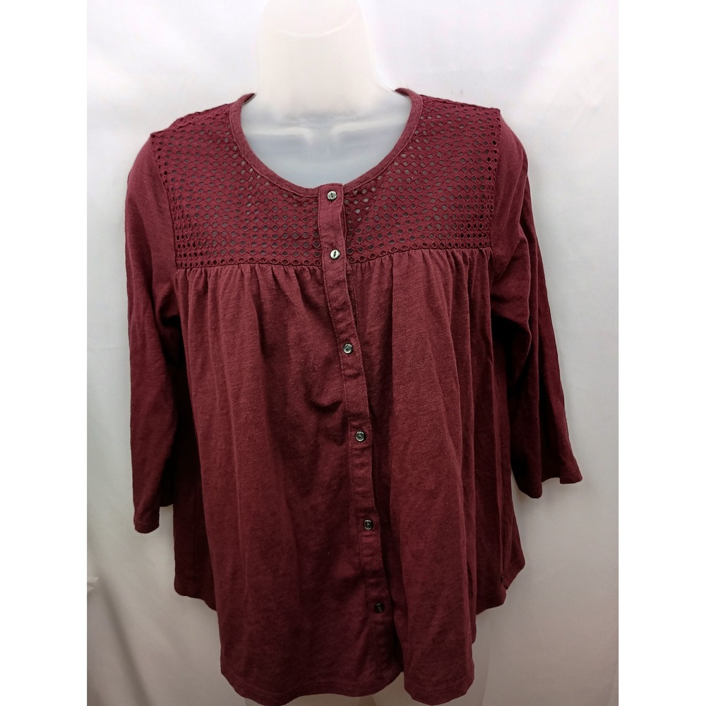 Eddie Bauer soft knit button down burgundy sheer office eyelet work cotton M